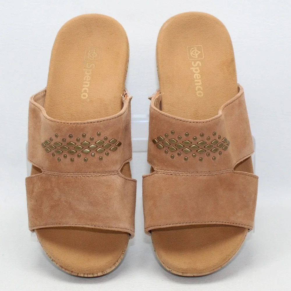Spenco Womens Tan‎ Suede Studded Cork Wedge Orthotic Slide Sandals Size 7D